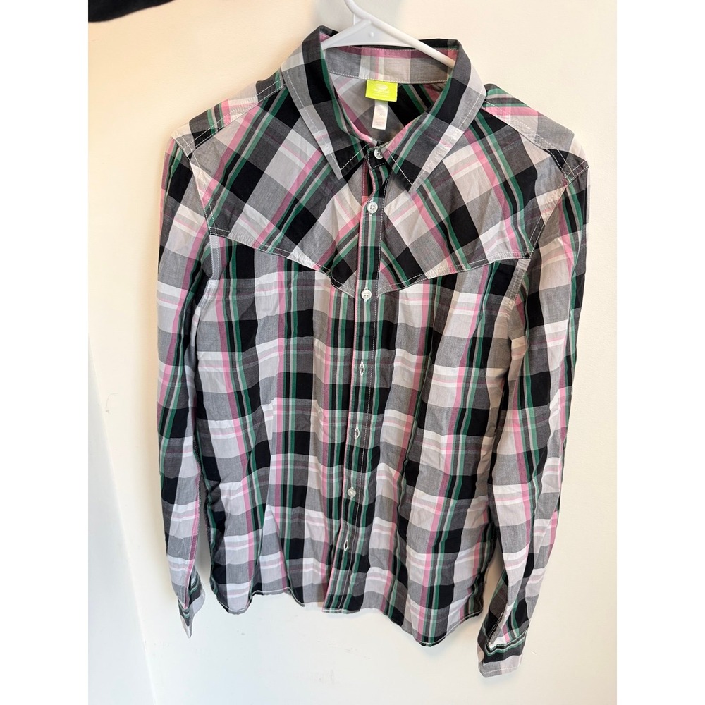 Adidas plaid western style button up shirt pink green black neo label